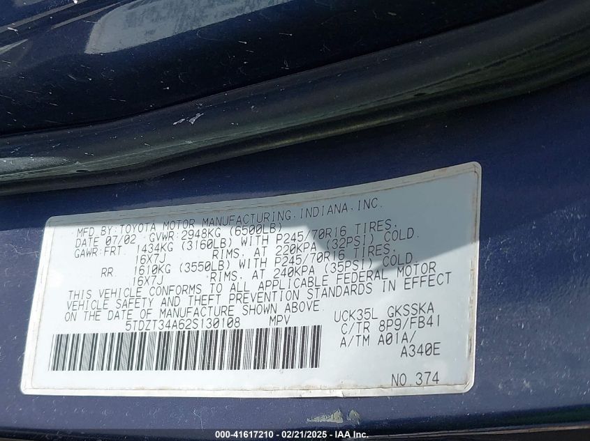 2002 Toyota Sequoia Sr5 V8 VIN: 5TDZT34A62S130108 Lot: 41617210