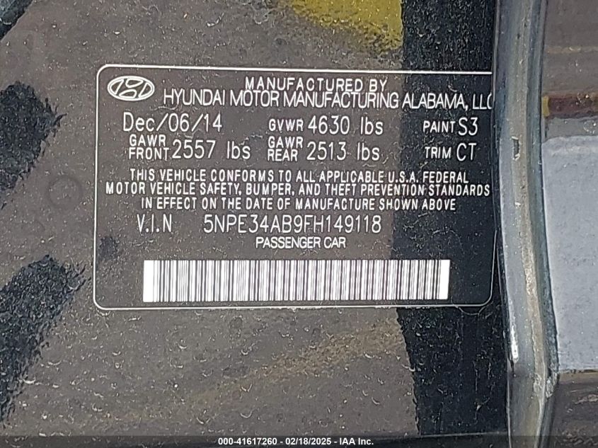 2015 Hyundai Sonata Limited 2.0T VIN: 5NPE34AB9FH149118 Lot: 41617260