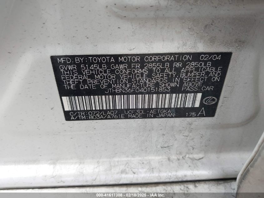 2004 Lexus Ls 430 VIN: JTHBN36F040151853 Lot: 41617308