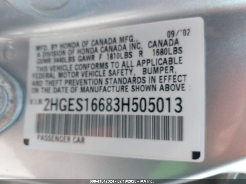2003 Honda Civic Lx VIN: 2HGES16683H505013 Lot: 41617324