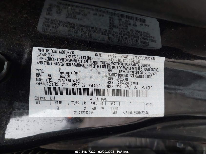 2013 Ford Focus Se VIN: 1FADP3F20DL206824 Lot: 41617332