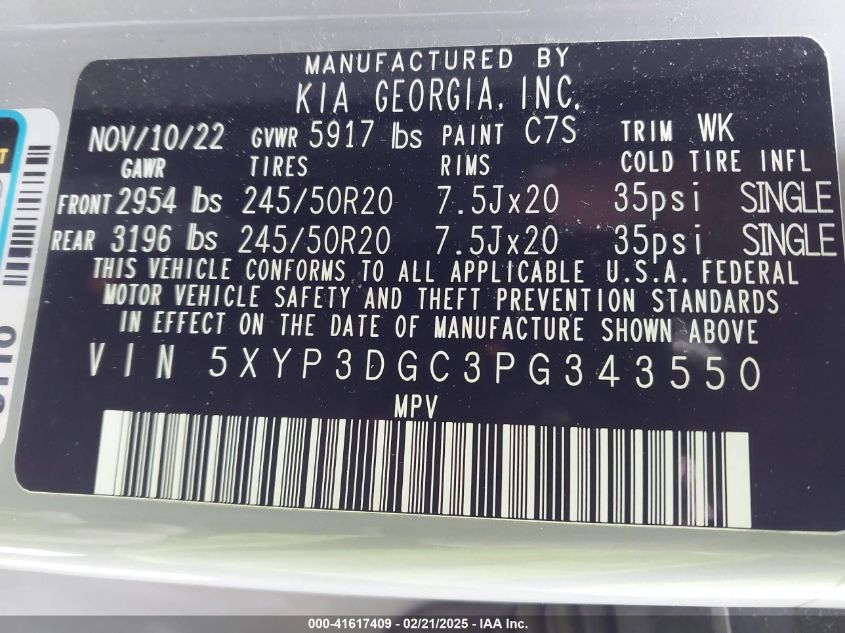 2023 Kia Telluride Ex X-Line VIN: 5XYP3DGC3PG343550 Lot: 41617409