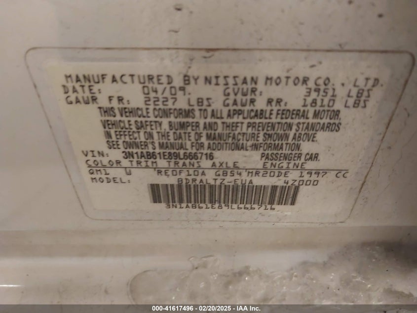 2009 NISSAN SENTRA VIN: 3N1AB61E89L666716