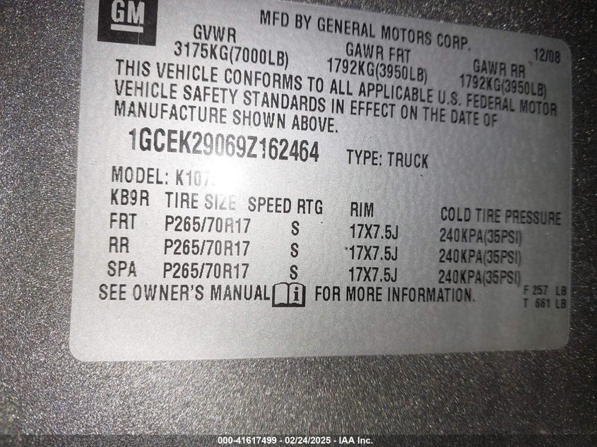 2009 CHEVROLET SILVERADO VIN: 1GCEK29069Z162464
