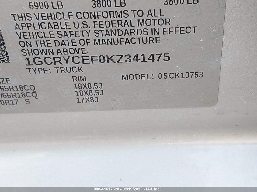 2019 CHEVROLET SILVERADO 1500 VIN: 1GCRYCEF0KZ341475