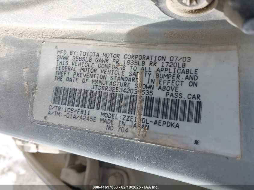 2004 Toyota Corolla Ce VIN: JTDBR32E342038535 Lot: 41617863