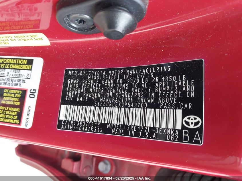 2016 Toyota Corolla Le VIN: 5YFBURHEXGP543700 Lot: 41617894