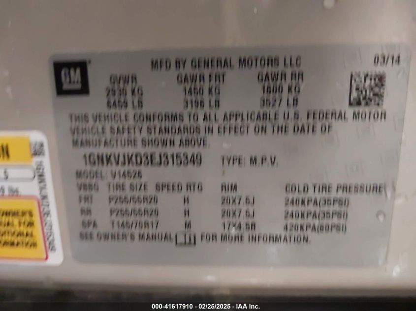 2014 Chevrolet Traverse Ltz VIN: 1GNKVJKD3EJ315349 Lot: 41617910