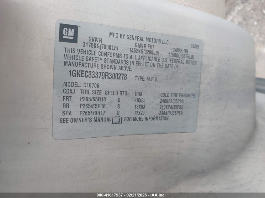 2009 GMC Yukon Slt1 VIN: 1GKEC33379R300278 Lot: 41617937