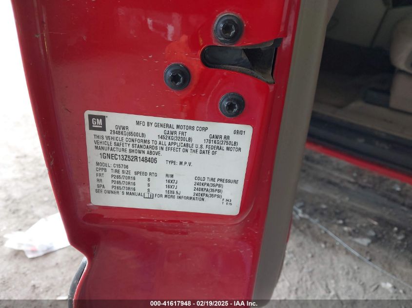 2002 Chevrolet Tahoe Ls VIN: 1GNEC13Z52R148406 Lot: 41617948