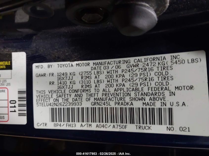 2006 Toyota Tacoma Base V6 VIN: 5TELU42N26Z239933 Lot: 41617953