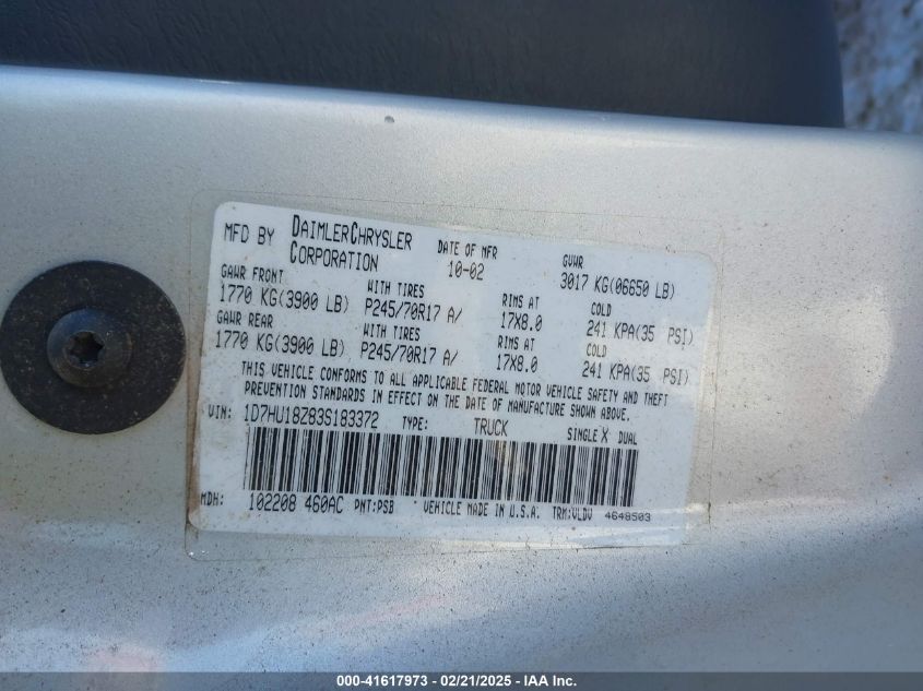 2003 Dodge Ram 1500 Slt/Laramie/St VIN: 1D7HU18Z83S183372 Lot: 41617973