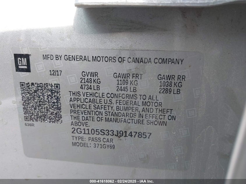 2018 CHEVROLET IMPALA VIN: 2G1105S33J9147857