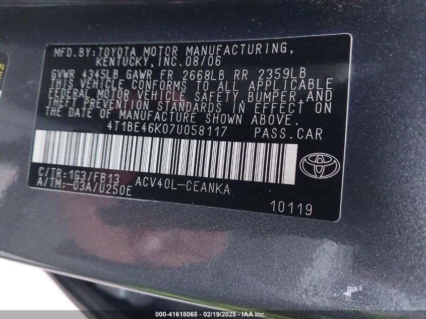 2007 Toyota Camry Le VIN: 4T1BE46K07U058117 Lot: 41618065