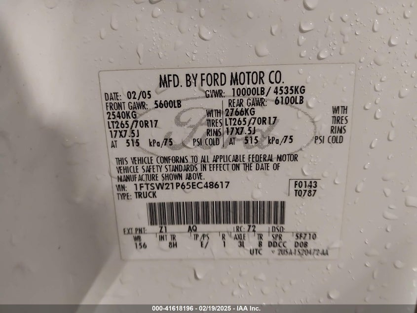 2005 Ford F-250 Lariat/Xl/Xlt VIN: 1FTSW21P65EC48617 Lot: 41618196