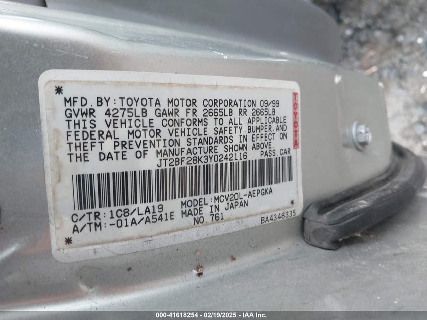 2000 Toyota Camry Xle V6 VIN: JT2BF28K3Y0242116 Lot: 41618254