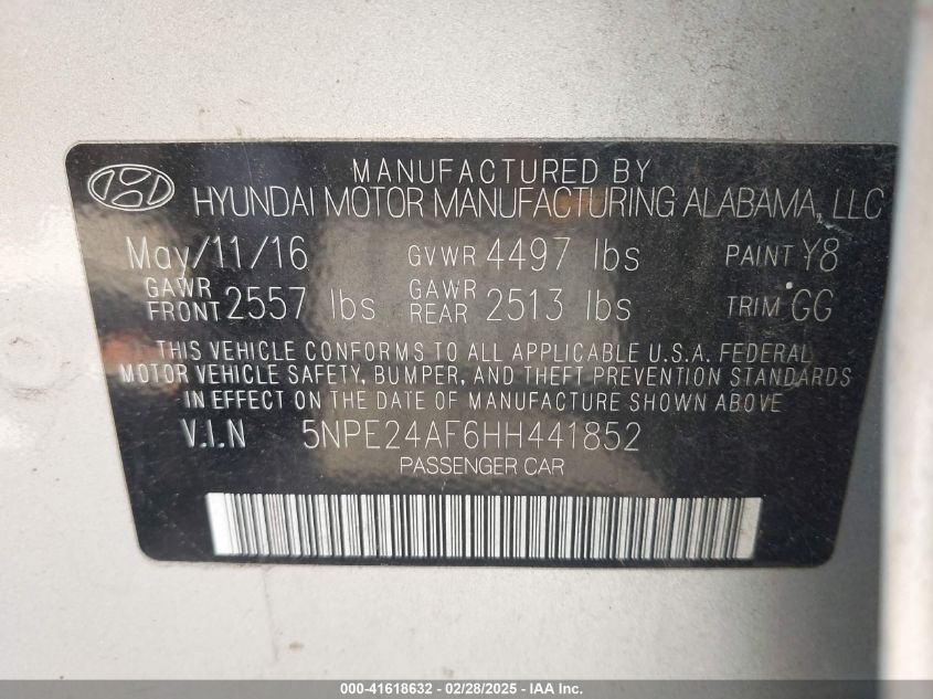 2017 Hyundai Sonata VIN: 5NPE24AF6HH441852 Lot: 41618632