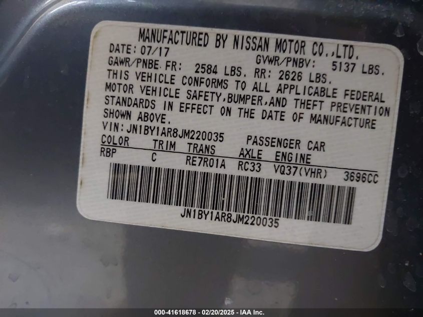 2018 Infiniti Q70 3.7X Luxe VIN: JN1BY1AR8JM220035 Lot: 41618678