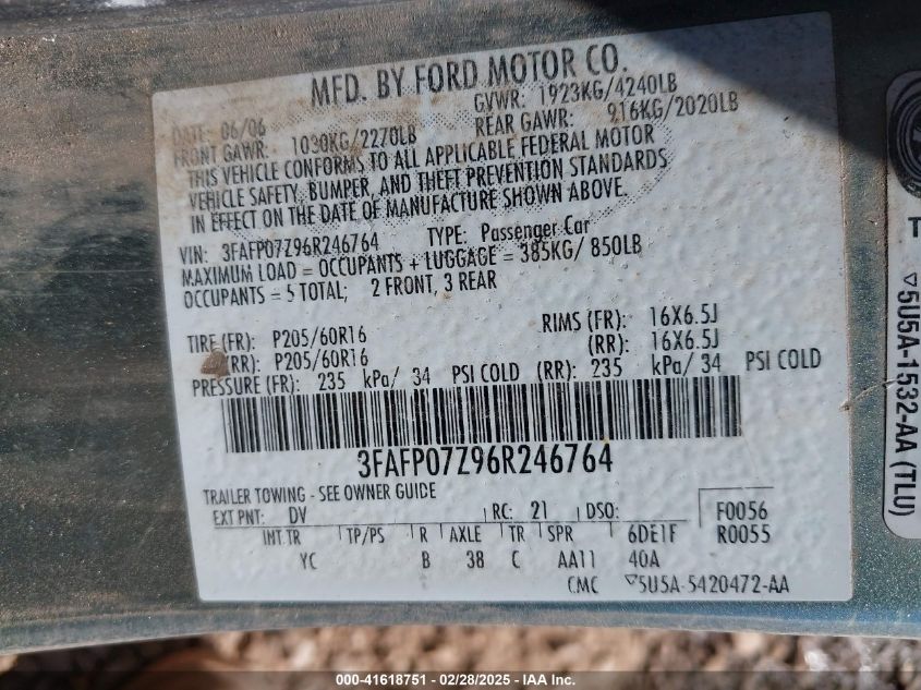 2006 Ford Fusion Se VIN: 3FAFP07Z96R246764 Lot: 41618751