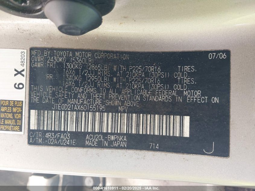 2006 Toyota Highlander VIN: JTEGD21AX60155195 Lot: 41618911