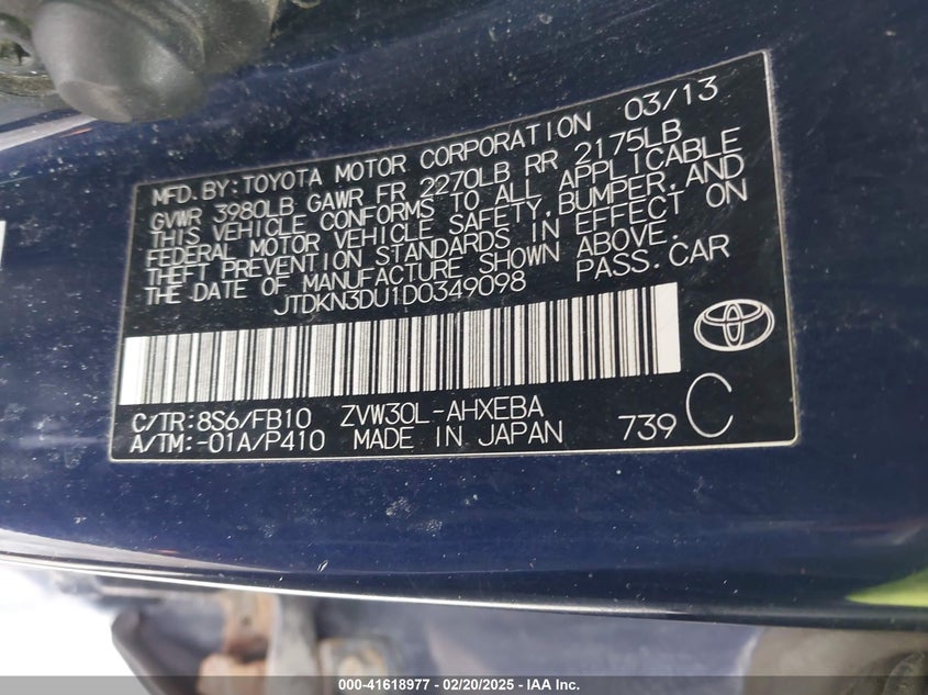 2013 TOYOTA PRIUS VIN: JTDKN3DU1D0349098