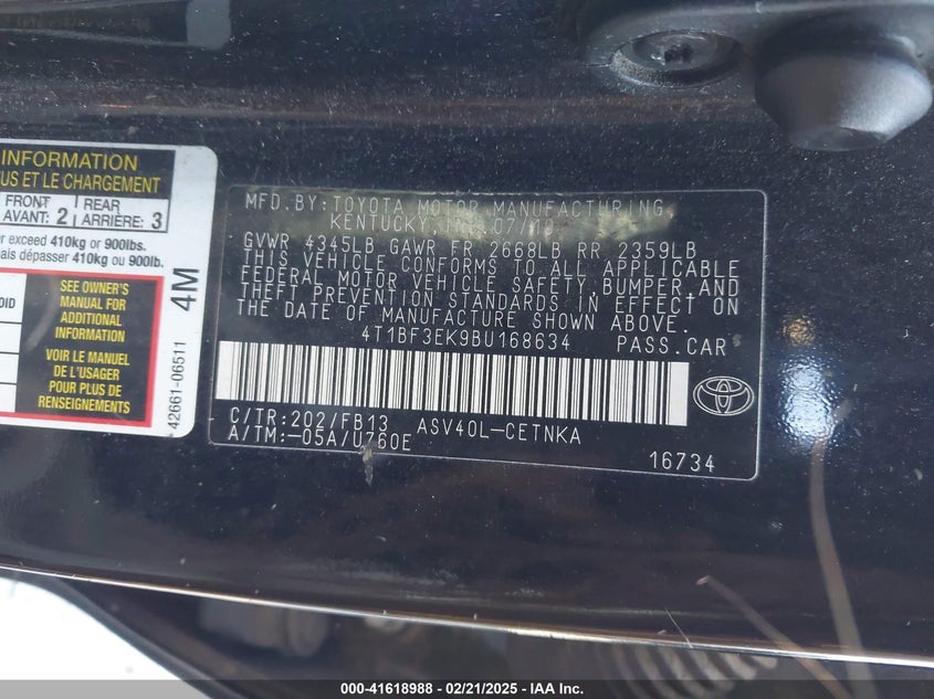 2011 TOYOTA CAMRY VIN: 4T1BF3EK9BU168634