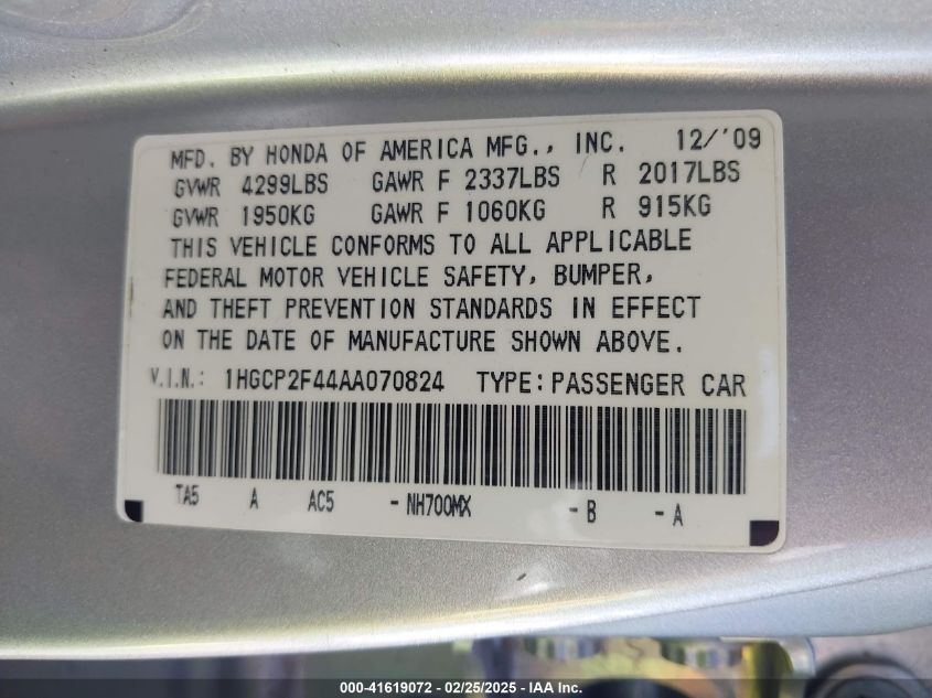 2010 Honda Accord 2.4 Lx-P VIN: 1HGCP2F44AA070824 Lot: 41619072