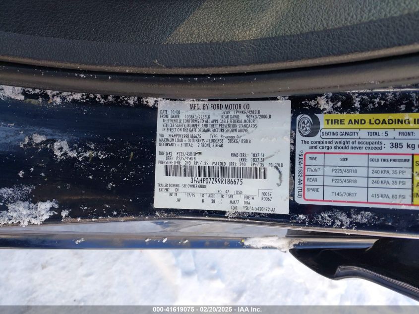 2009 Ford Fusion Se VIN: 3FAHP07Z99R186675 Lot: 41619075