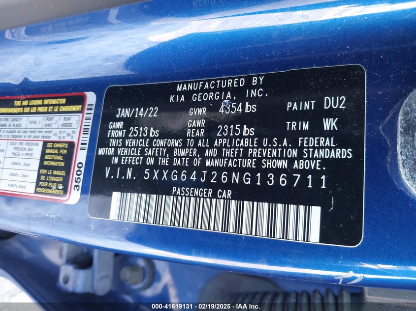 2022 KIA K5 VIN: 5XXG64J26NG136711
