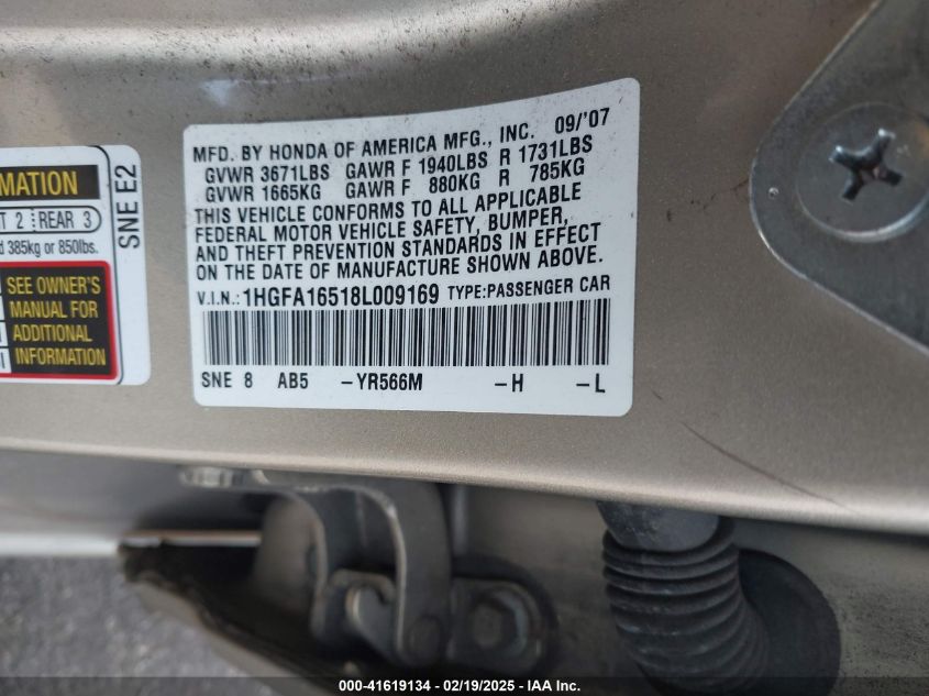 2008 Honda Civic Lx VIN: 1HGFA16518L009169 Lot: 41619134