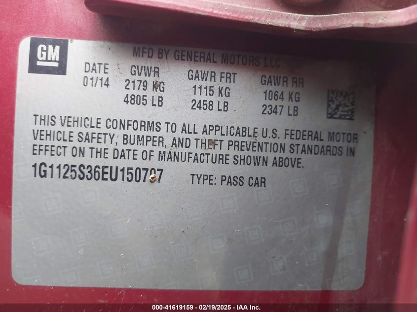 2014 CHEVROLET IMPALA VIN: 1G1125S36EU150707