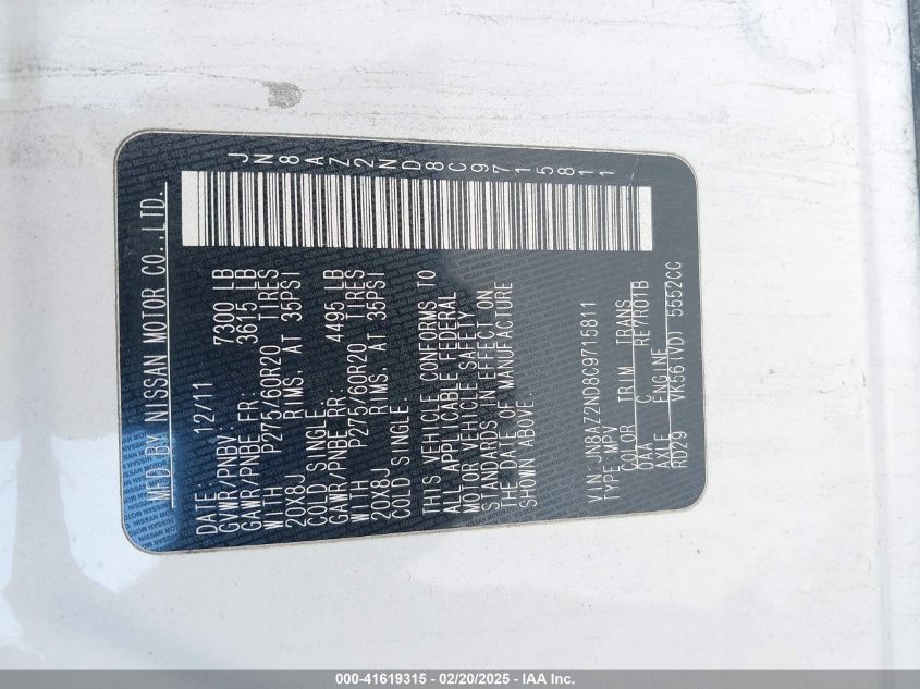 2012 Infiniti Qx56 VIN: JN8AZ2ND8C9715811 Lot: 41619315