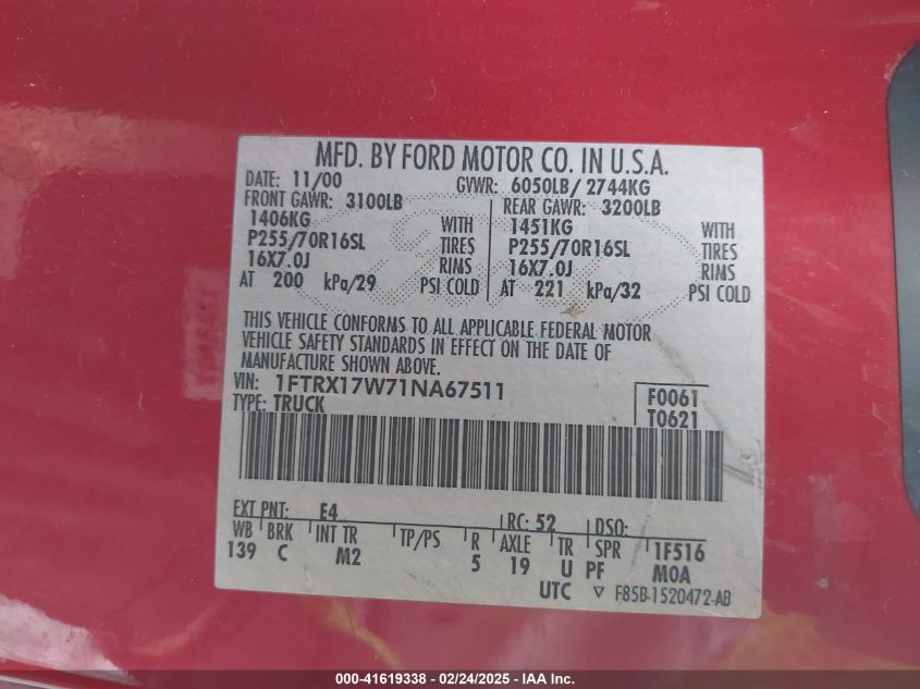 2001 Ford F-150 Lariat/Xl/Xlt VIN: 1FTRX17W71NA67511 Lot: 41619338