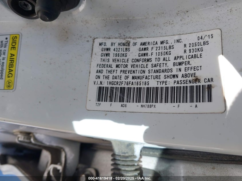 2015 HONDA ACCORD VIN: 1HGCR2F76FA165185