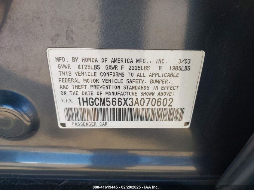 2003 Honda Accord 2.4 Ex VIN: 1HGCM566X3A070602 Lot: 41619445