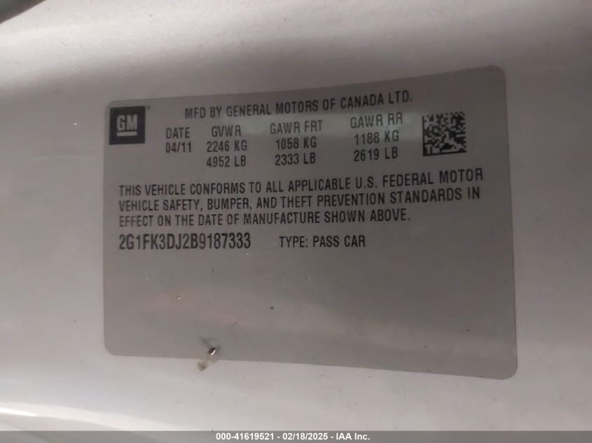 2011 Chevrolet Camaro 2Ss VIN: 2G1FK3DJ2B9187333 Lot: 41619521