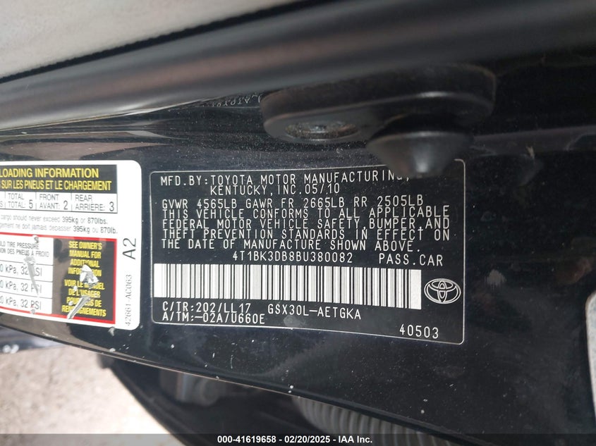 2011 TOYOTA AVALON VIN: 4T1BK3DB8BU380082