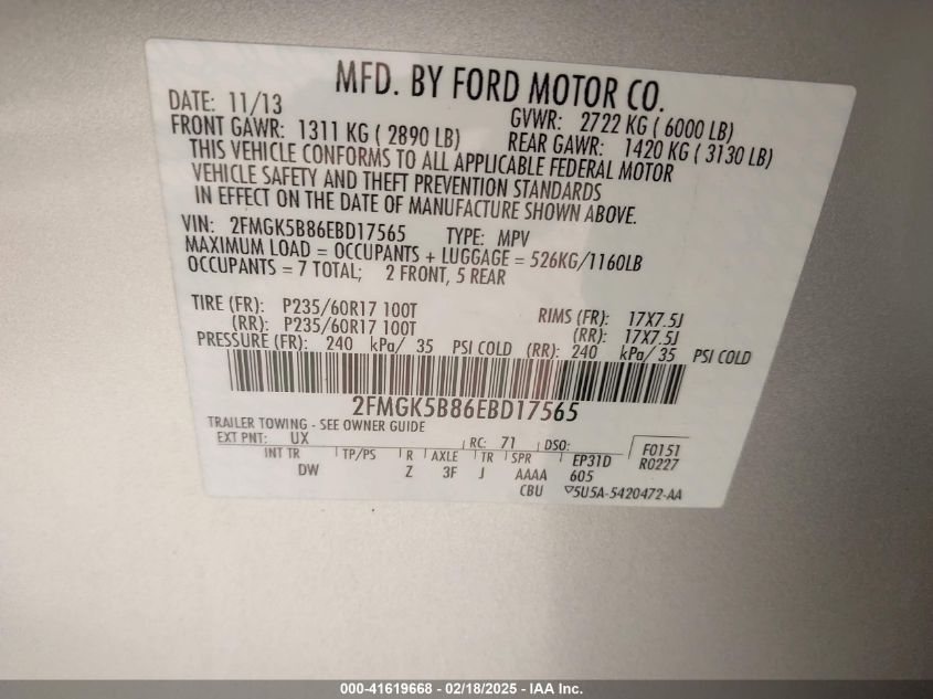 2014 Ford Flex Se VIN: 2FMGK5B86EBD17565 Lot: 41619668