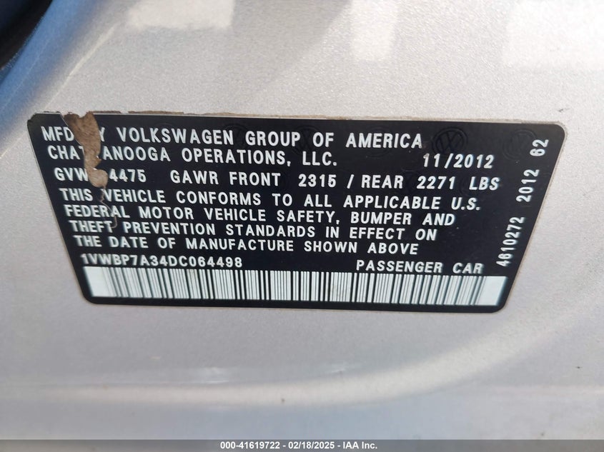 2013 VOLKSWAGEN PASSAT VIN: 1VWBP7A34DC064498