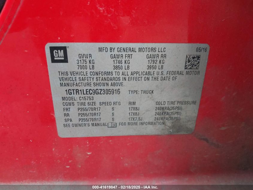 2016 GMC Sierra 1500 VIN: 1GTR1LEC9GZ305916 Lot: 41619847