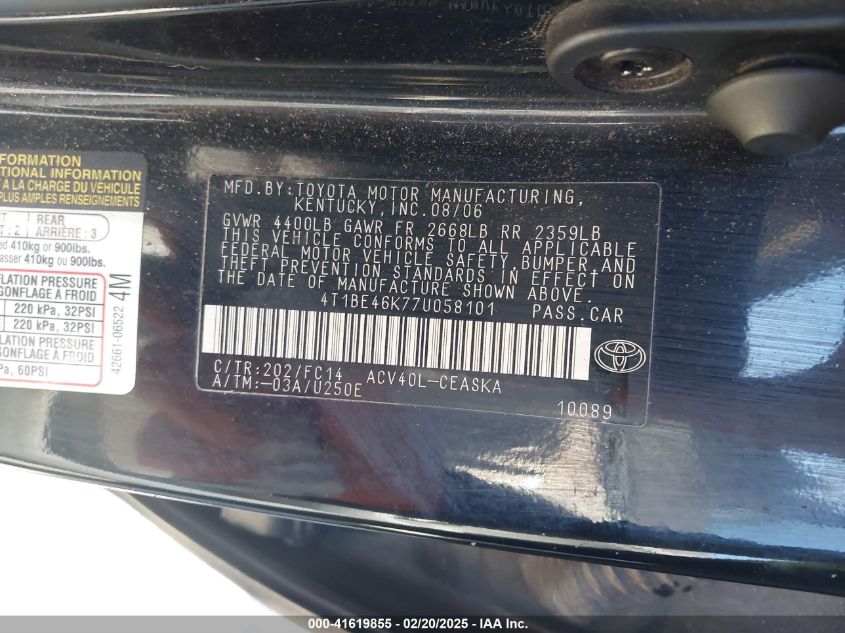 2007 Toyota Camry Se VIN: 4T1BE46K77U058101 Lot: 41619855