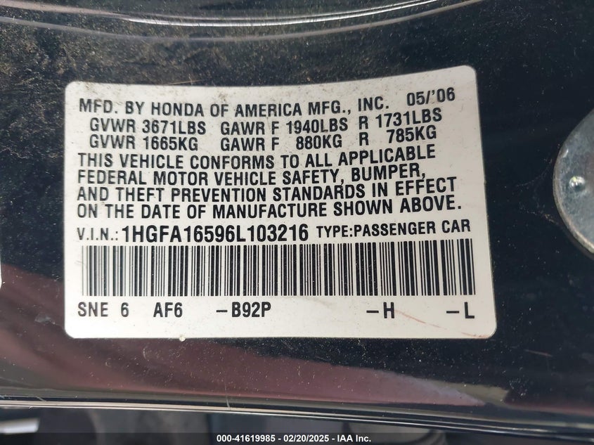 2006 HONDA CIVIC VIN: 1HGFA16596L103216