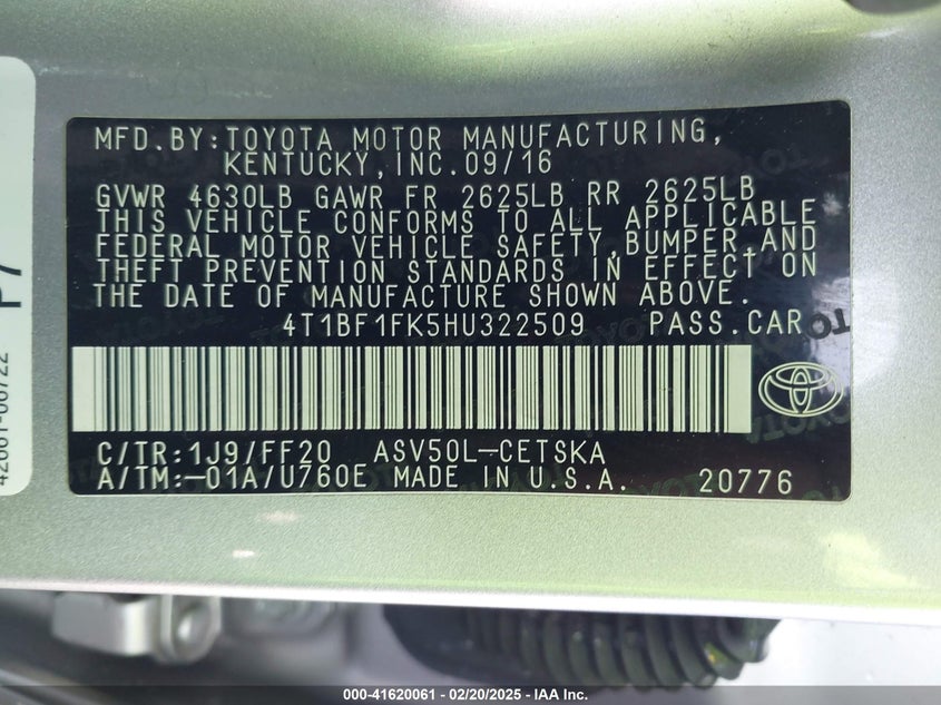 2017 TOYOTA CAMRY VIN: 4T1BF1FK5HU322509