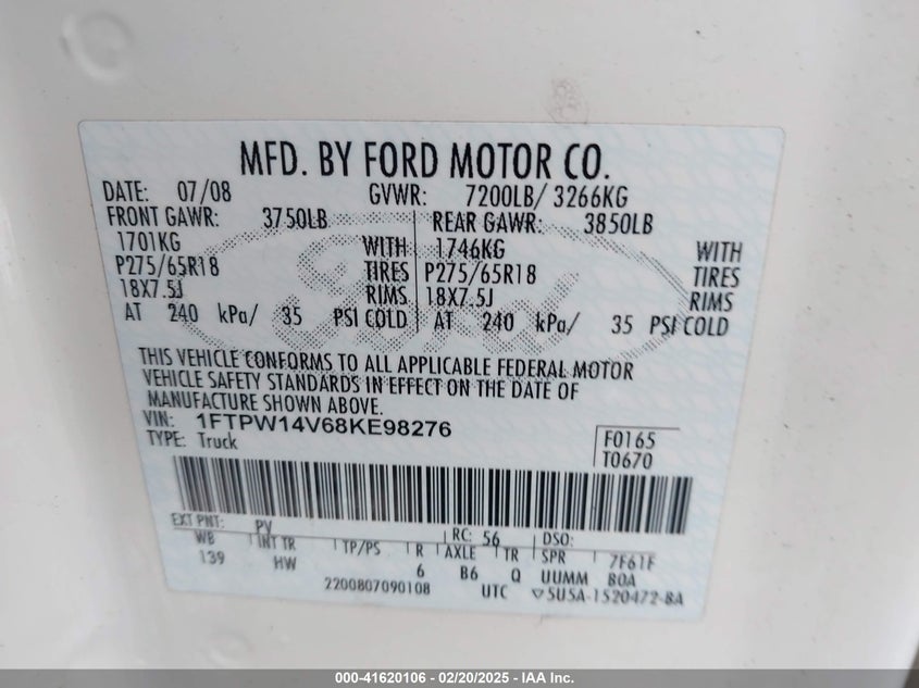 2008 FORD F150 VIN: 1FTPW14V68KE98276