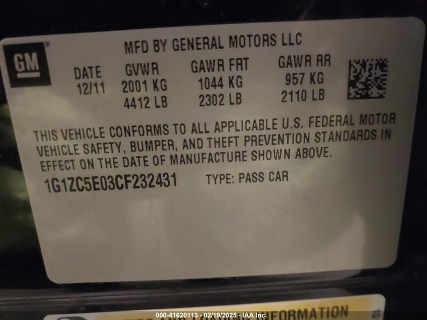2012 CHEVROLET MALIBU VIN: 1G1ZC5E03CF232431