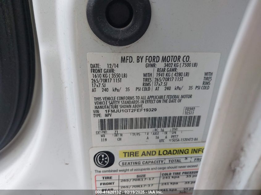 2015 Ford Expedition Xl VIN: 1FMJU1GT2FEF19329 Lot: 41620132