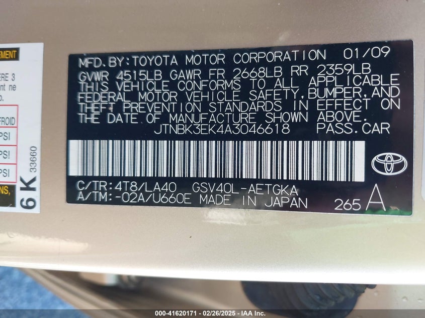 2010 TOYOTA CAMRY VIN: JTNBK3EK4A3046618