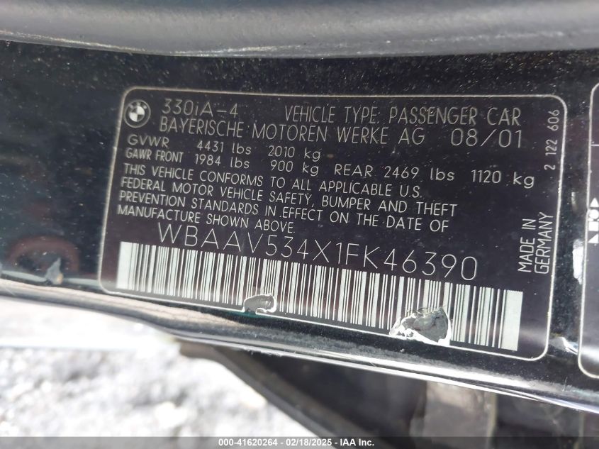 2001 BMW 330I VIN: WBAAV534X1FK46390 Lot: 41620264