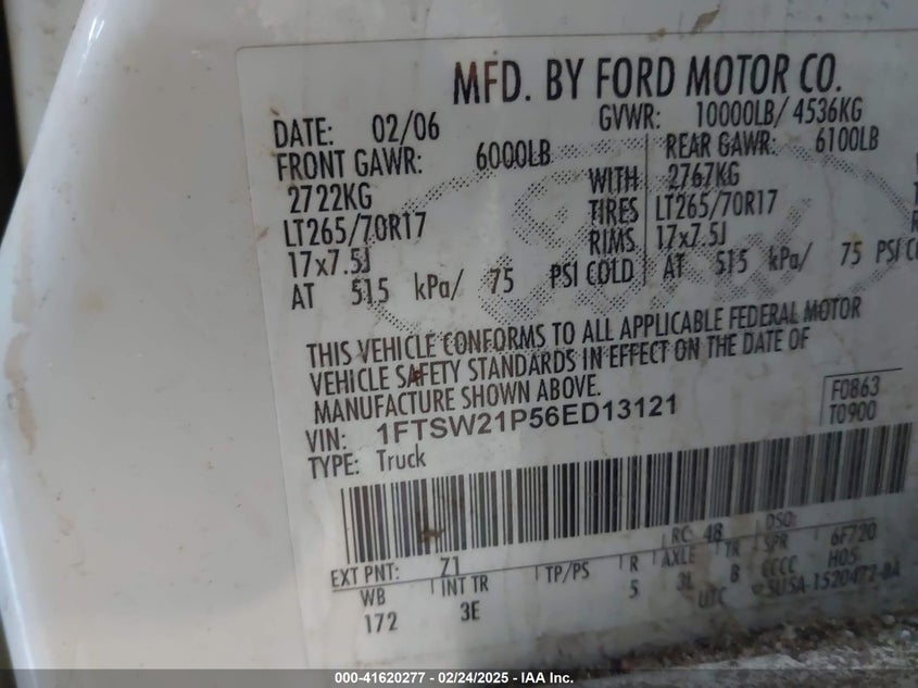 2006 FORD F-250 VIN: 1FTSW21P56ED13121