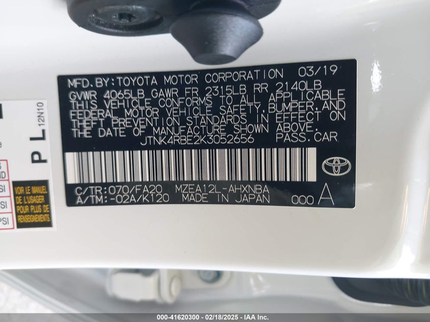 2019 TOYOTA COROLLA VIN: JTNK4RBE2K3052656
